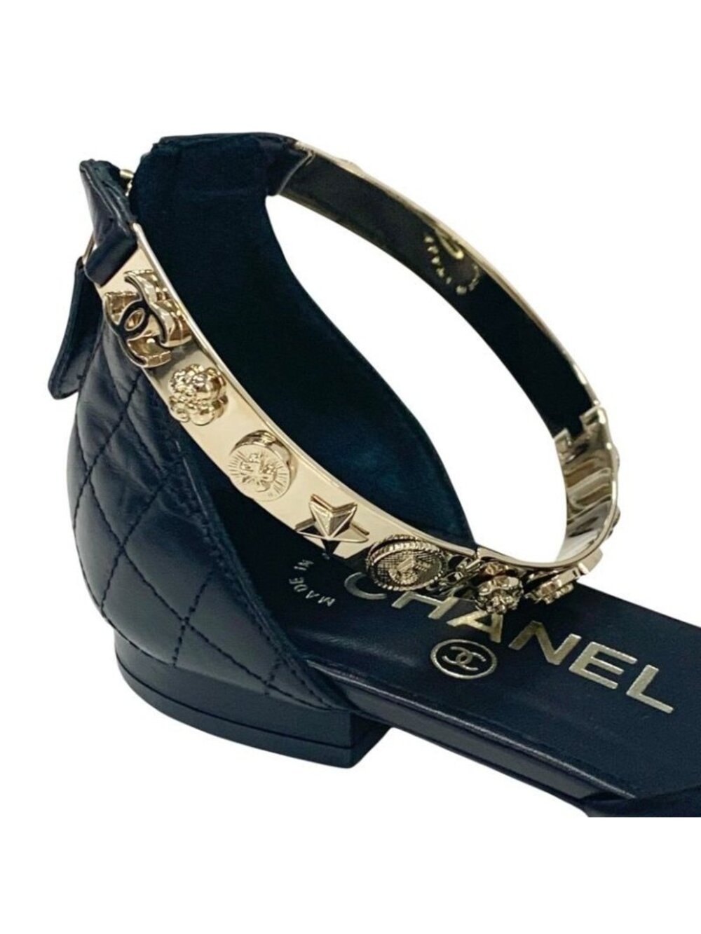 Chanel Sandals Shoes Leather Black Gold Coco Mark Icon Metal Strap Quilted - Picture 9 of 10